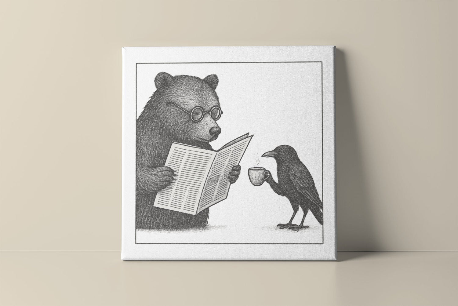 Black and white art print of a bear and bird reading together, displayed on a minimalist shelf – whimsical wall decor for animal lovers